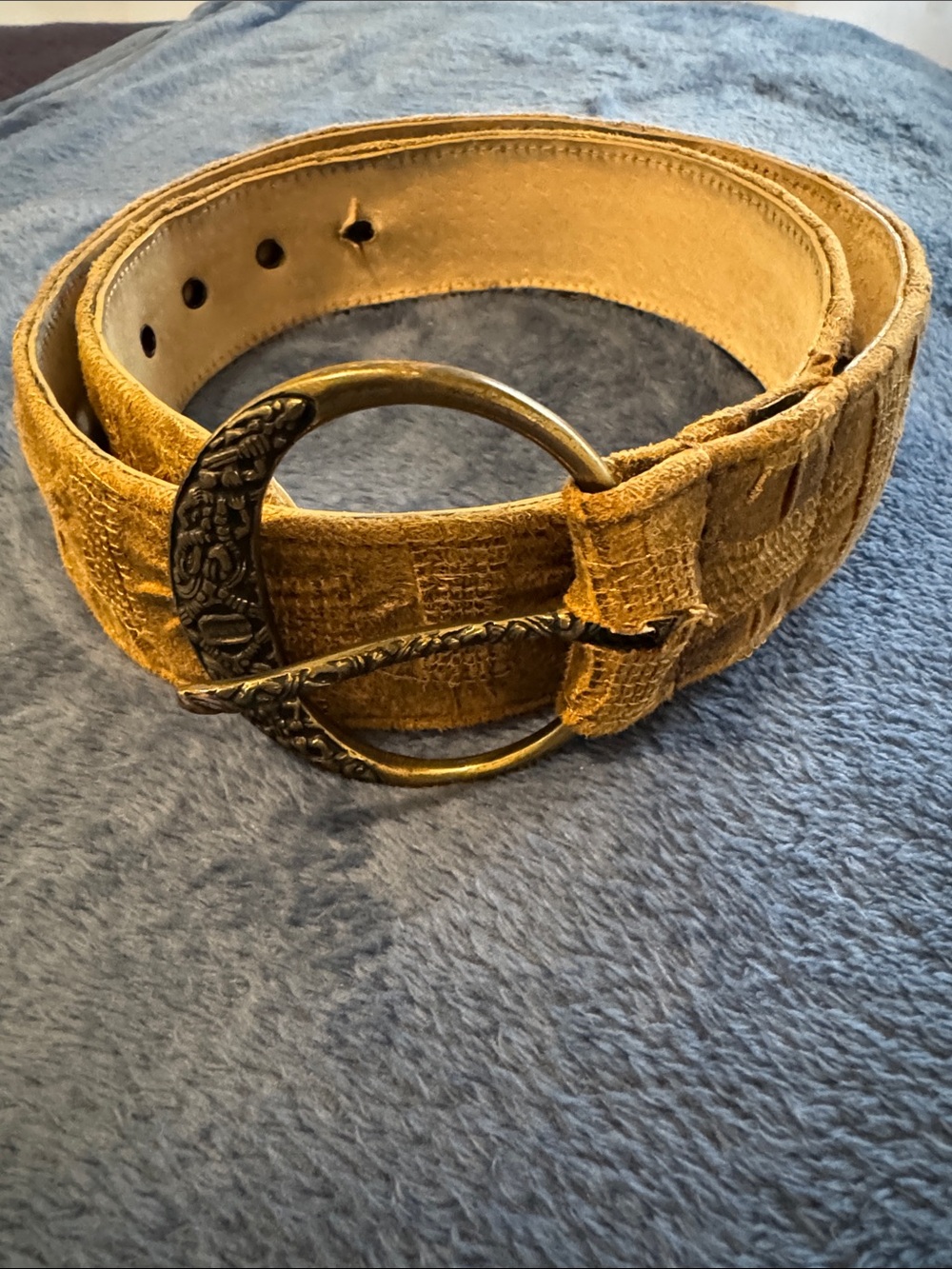 Kensie Tan Suede Belt with Ornate Brass Ring Buckle - 39 1/2” End to End (30-34)